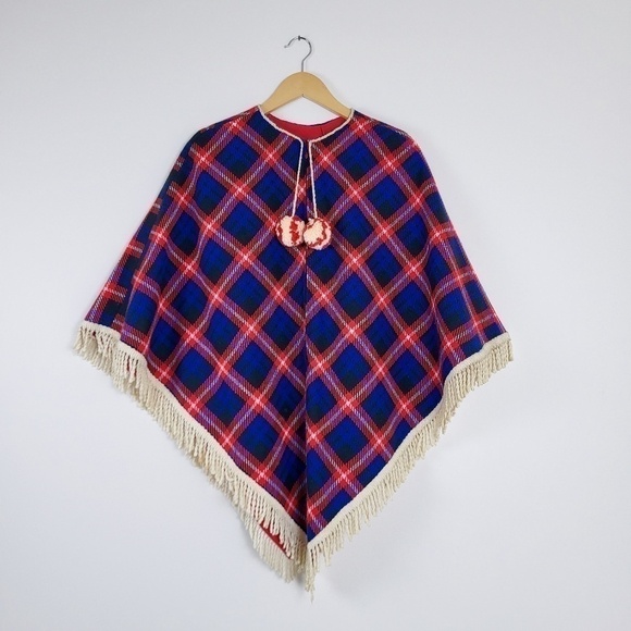Vintage plaid poncho jacket cape fringe tassels lined warm winter zip-up - Picture 4 of 12